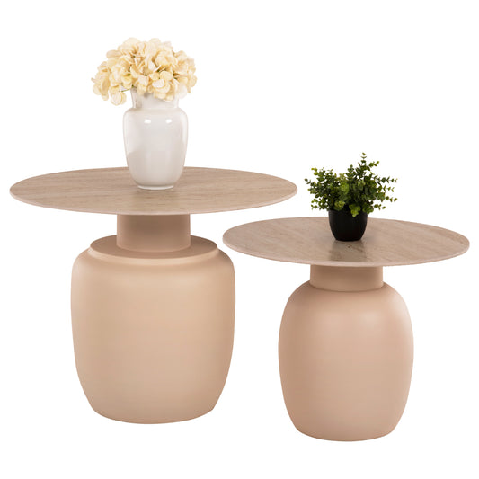 SIDE TABLES 2PCS FEREN HM9664 METAL IN IVORY-CERAMIC TOP Φ60 &Φ50cm. image 1