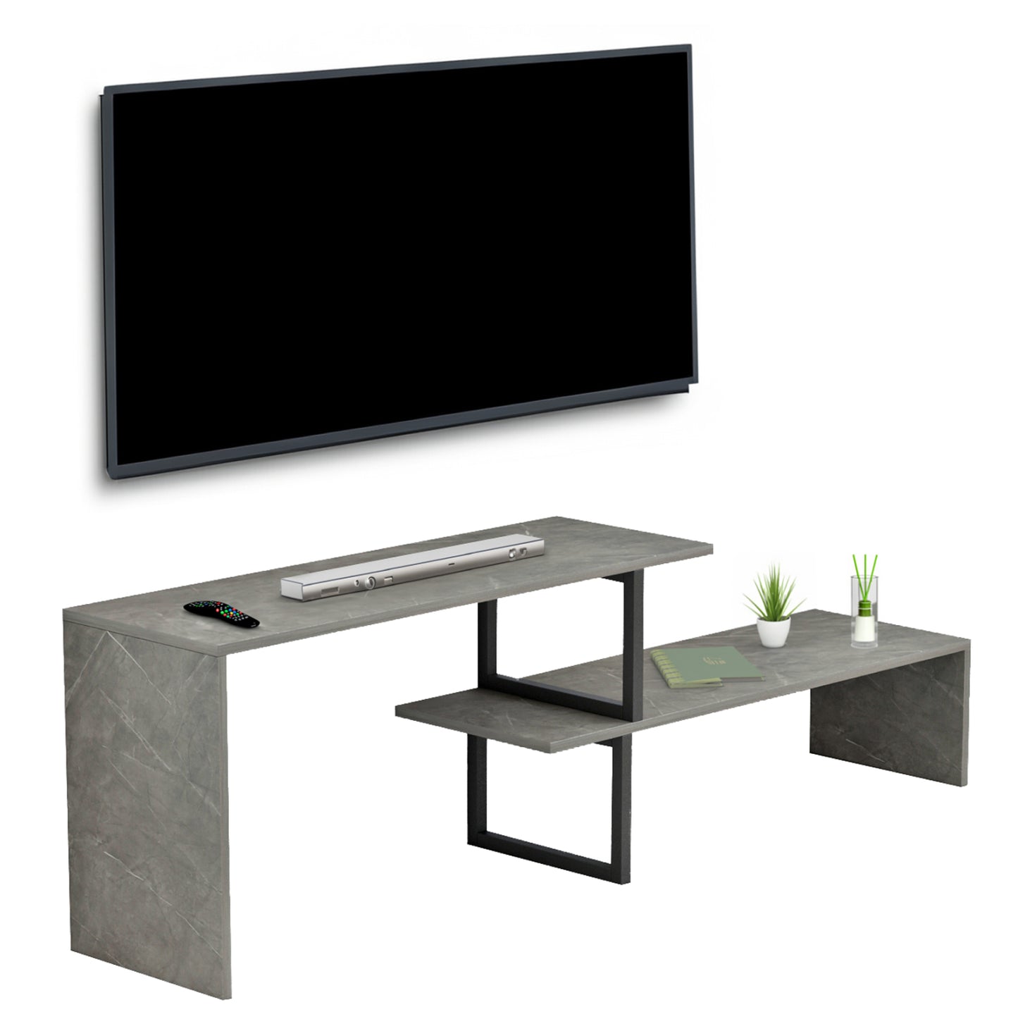 TV FURNITURE EXPANDABLE BRIGGITE HM8892.11 MELAMINE IN GREY STONE TEXTURE -BLACK METAL LEGS 110-160x30x45Hcm. image 1