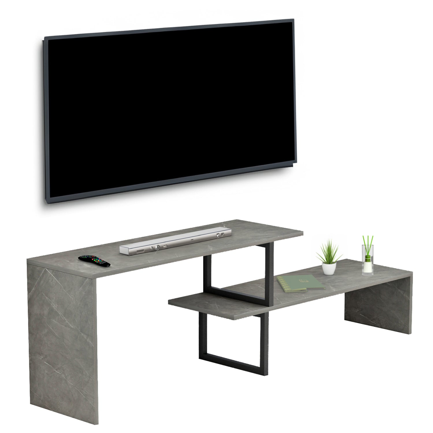 TV FURNITURE EXPANDABLE BRIGGITE HM8892.11 MELAMINE IN GREY STONE TEXTURE -BLACK METAL LEGS 110-160x30x45Hcm. image 1