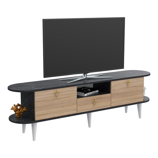 TV FURNITURE BEECON HM18185 MELAMINE IN BLACK MARBLE & SONAMA-WHITE LEGS 180x36x53Hcm. image 1