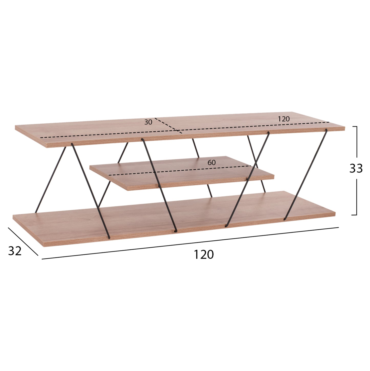 TV STAND TARS HM8922.11 MELAMINE IN NATURAL WOOD AND BLACK 120x32x33Hcm.