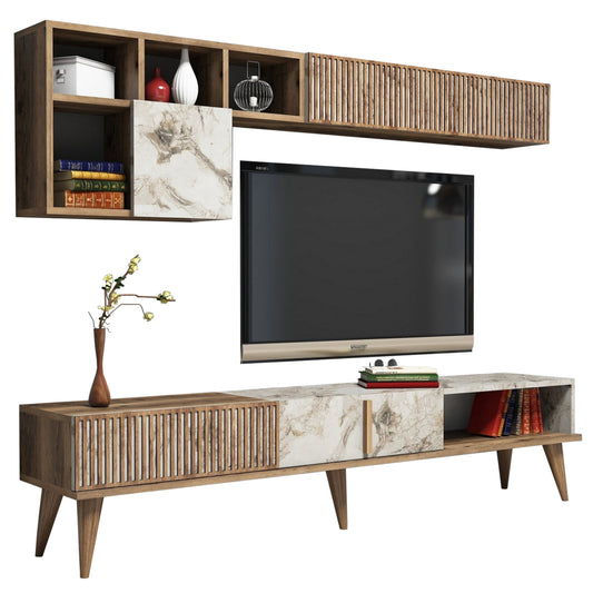 TV FURNITURE MELAMINE IN WALNUT AND WHITE MARBLE 180x35x40Hcm.HM9438.01 image 1