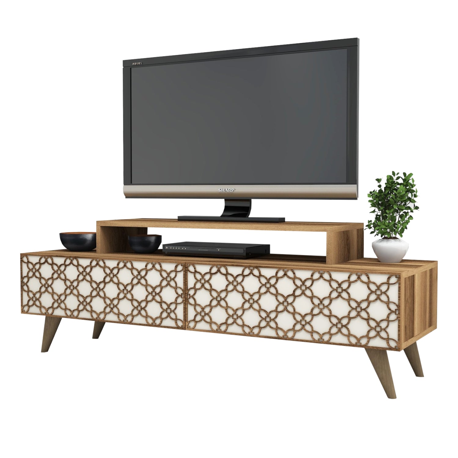 TV STAND MELAMINE HM9510.03 IN WALNUT AND CREAM COLOR 140x41.8x48.8Hcm. image 1