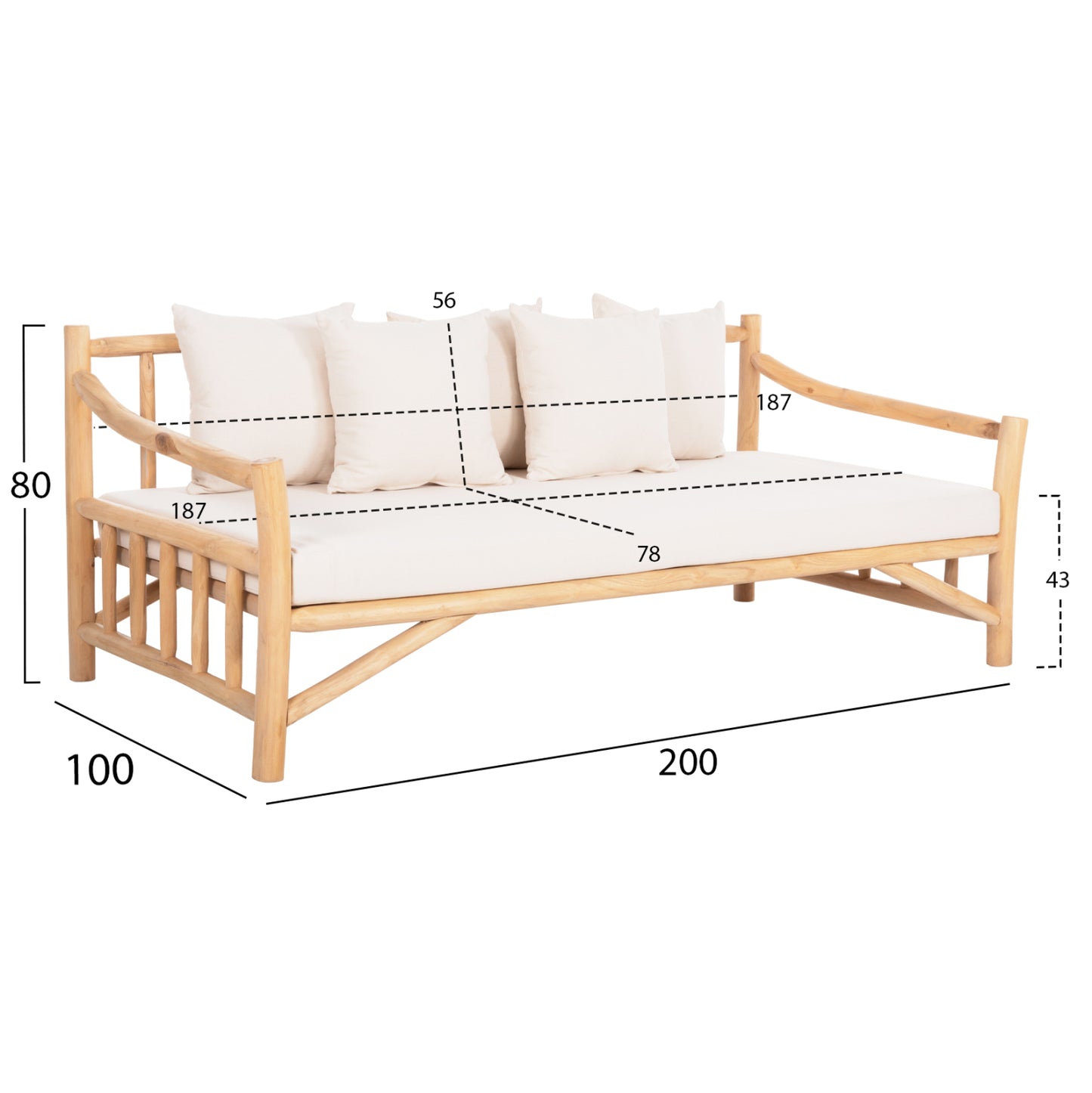 SOFA TORC HM9339 SOLID TEAK NATURAL-WHITE 210x100x80H