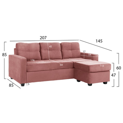Облицован ъглов диван с велур в прасковен цвят 207x145x85Y см
