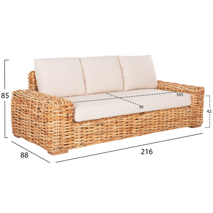 OUTDOOR SOFA 3-SEATER TROPEL HM9808 MANGO WOOD-RATTAN NATURAL COLOR-WHITE CUSHIONS 216x88x70-85Hcm.