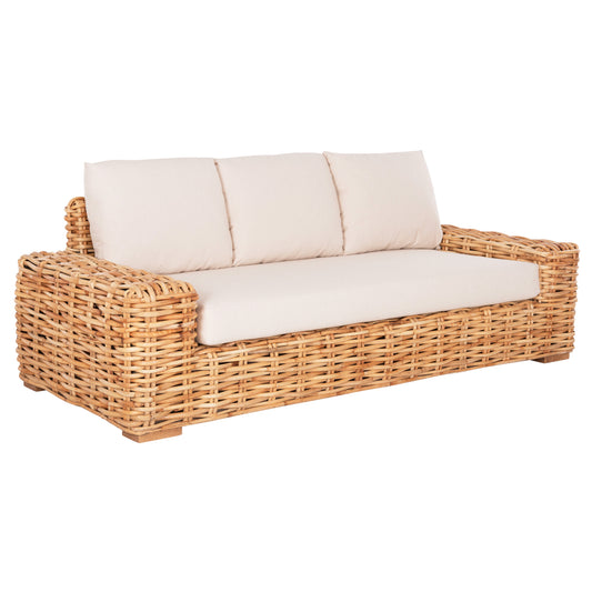 OUTDOOR SOFA 3-SEATER TROPEL HM9808 MANGO WOOD-RATTAN NATURAL COLOR-WHITE CUSHIONS 216x88x70-85Hcm. image 1