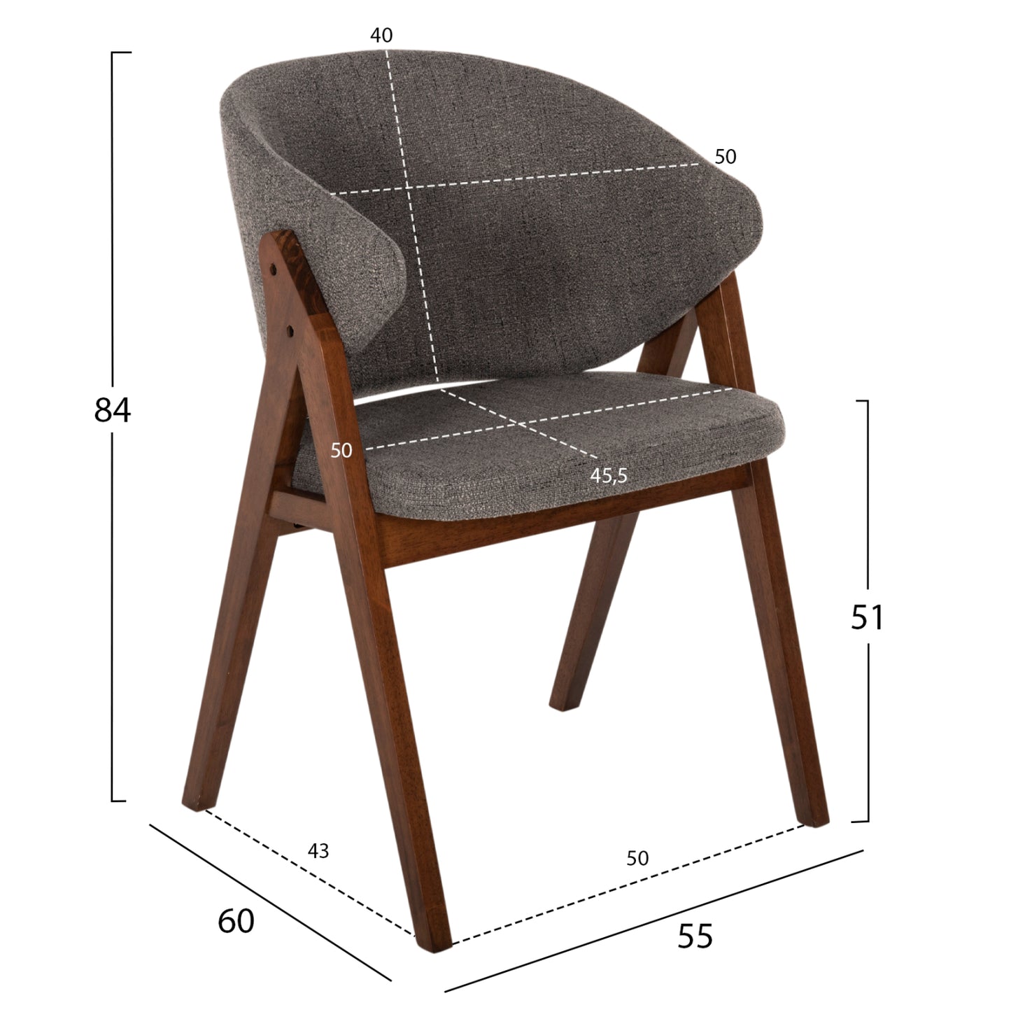 Стол за хранене Хана от каучуково дърво сив плат 55x60x84Hcm
