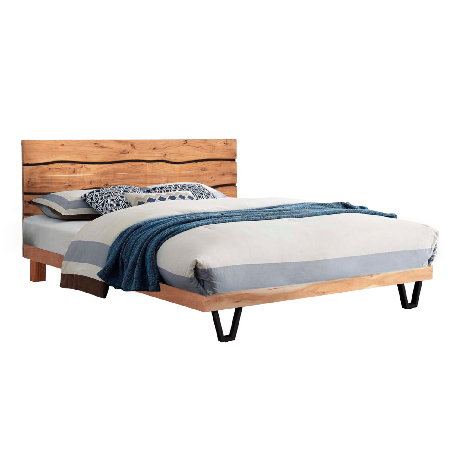 BED ALICIA HM8359.21 METAL-SOLID ACACIA WOOD-LIGHT NATURAL-MATTRESS 160x200cm. image 1