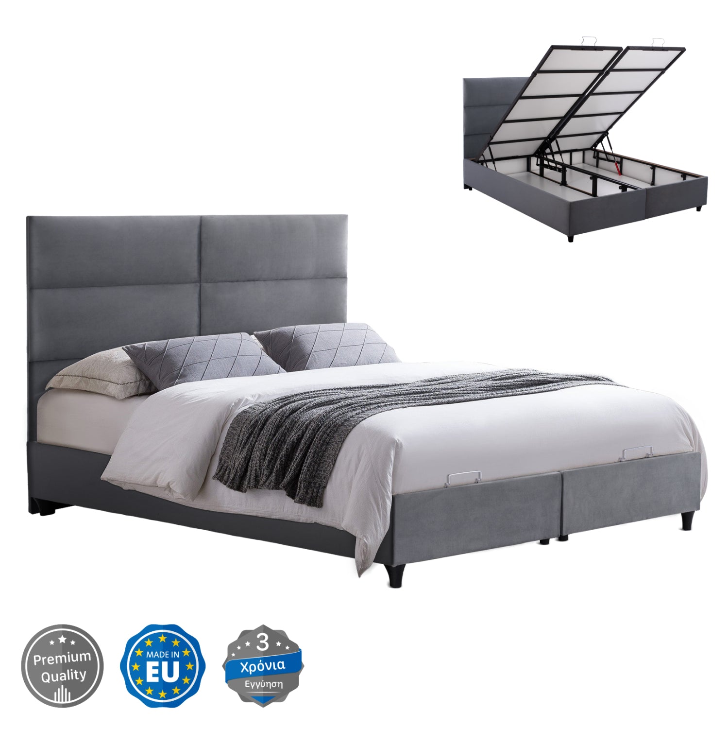 GRAY VELVET BED WITH STORAGE SPACE MILO HM622.10 FOR MATTRESS 160x200 cm. image 1