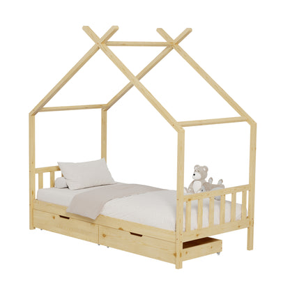 BED FOR KIDS KLARICE HM680.01 t.MONTESSORI-2 DRAWERS- SOLID PINE WOOD IN NATURAL- 190x90cm. image 1