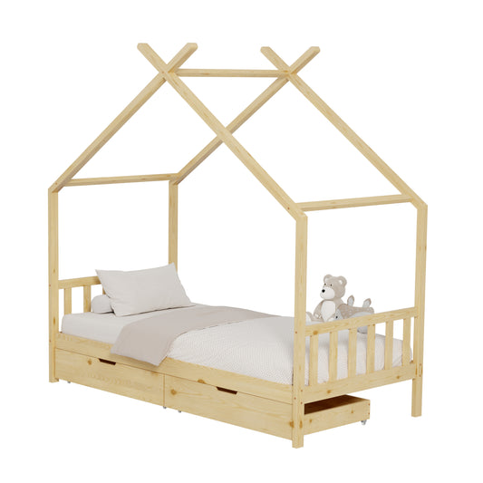 BED FOR KIDS KLARICE HM680.01 t.MONTESSORI-2 DRAWERS- SOLID PINE WOOD IN NATURAL- 190x90cm. image 1