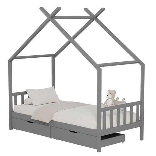 BED FOR KIDS KLARICE HM680.05 t.MONTESSORI-2 DRAWERS- SOLID PINE WOOD IN GREY- 190x90cm. image 1