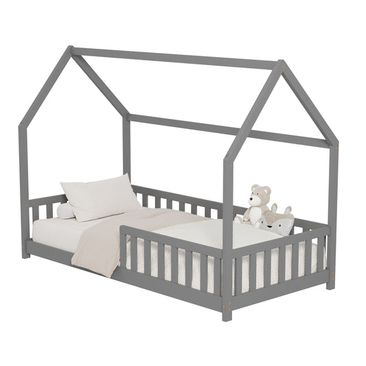 BED FOR KIDS WITH FENCE PHYLLIS HM679.05 t.MONTESSORI SOLID PINE WOOD IN GREY- 190x90cm. image 1