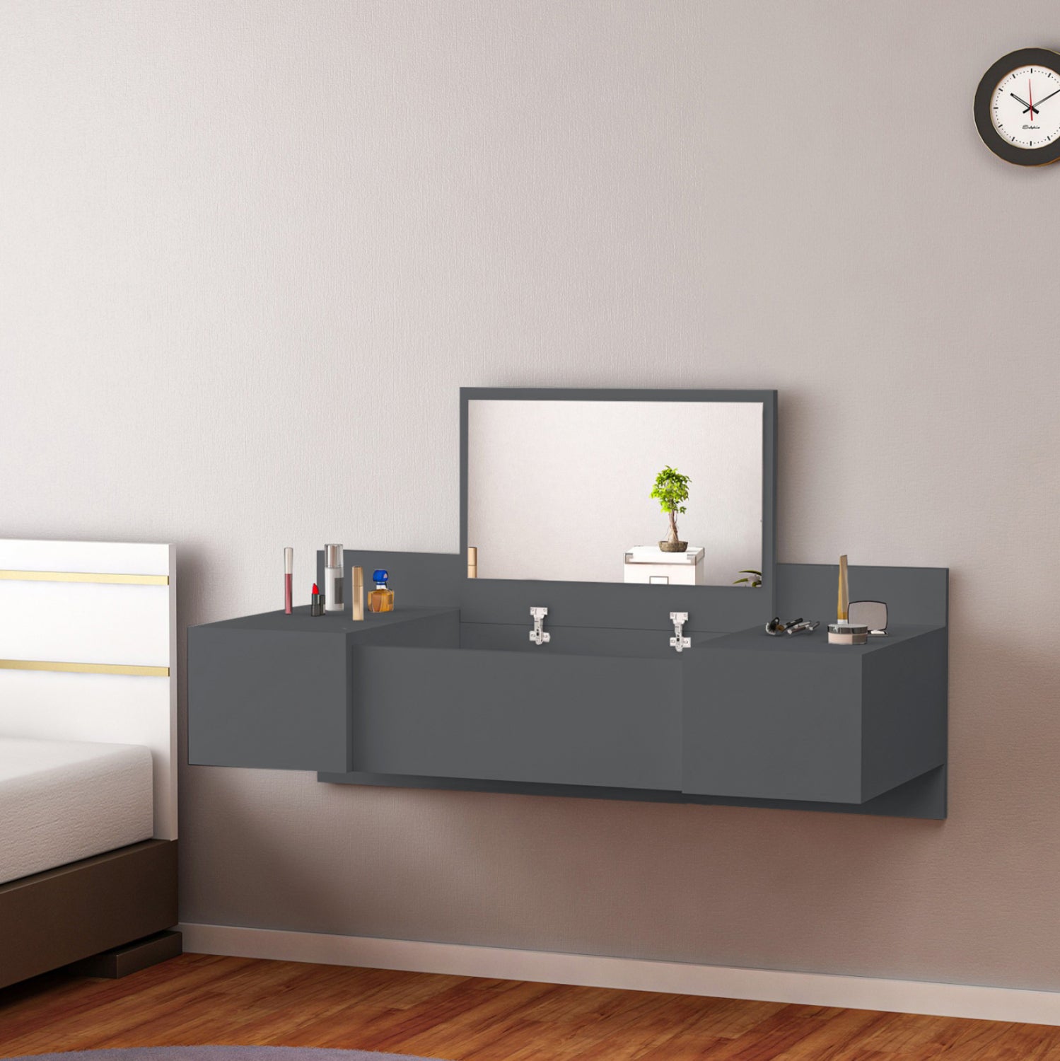 WALL MOUNTED DRESSING TABLE LINDE HM8960.12 MELAMINE IN ANTHRACITE 100x39x33Hcm. image 1