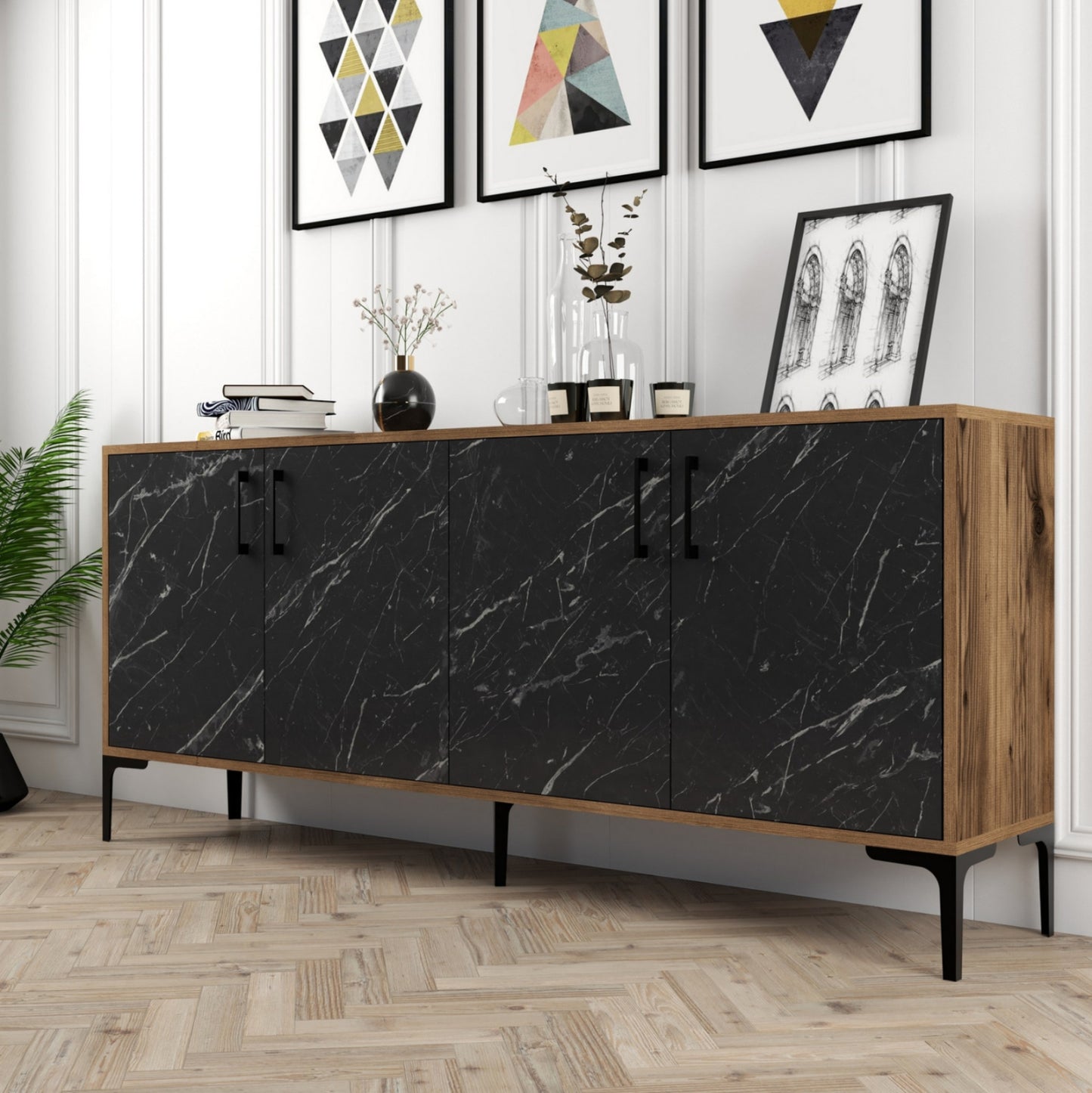 BUFFET HM9428.03 MELAMINE WALNUT WITH BLACK MARBLE-LOOK DOORS 180x35x78Hcm.