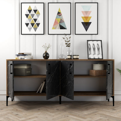 BUFFET HM9428.03 MELAMINE WALNUT WITH BLACK MARBLE-LOOK DOORS 180x35x78Hcm.