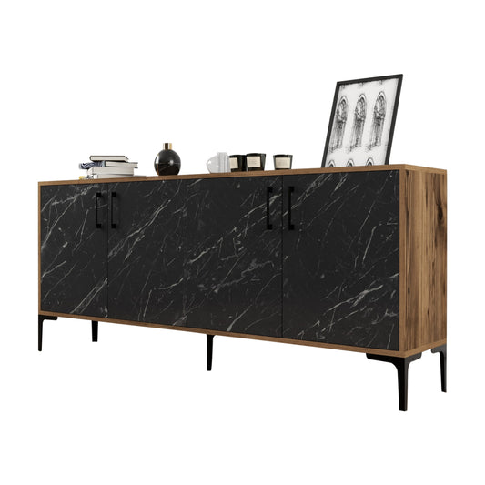 BUFFET HM9428.03 MELAMINE WALNUT WITH BLACK MARBLE-LOOK DOORS 180x35x78Hcm. image 1