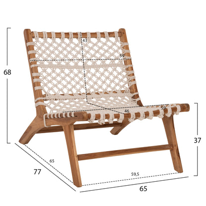 Стилен Антиб Стол от Тик Дърво и Бяла Въженца 65x78x68Hcm
