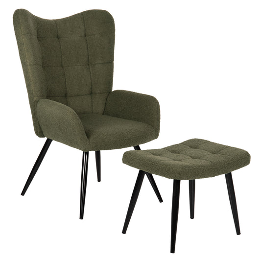 ARMCHAIR CRAWLEY WITH FOOTSTOOL HM8918.23 CYPRESS GREEN BOUCLE FABRIC-BLACK METAL LEGS 70x74x105Hcm. image 1