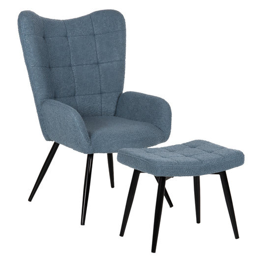 ARMCHAIR CRAWLEY WITH FOOTSTOOL HM8918.24 BLUE BOUCLE FABRIC-BLACK METAL LEGS 70x74x105Hcm. image 1