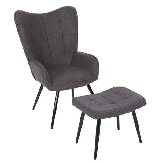 ARMCHAIR CRAWLEY WITH FOOTSTOOL HM8918.21 GREY BOUCLE FABRIC-BLACK METAL LEGS 70x74x105Hcm. image 1