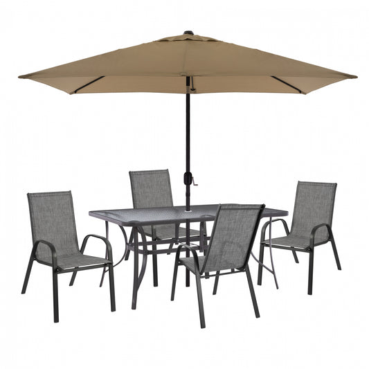 SET 6TMX BRUNO TABLE WITH MOCA GRAY UMBRELLA & LEON ARMCHAIRS HM11465 image 1