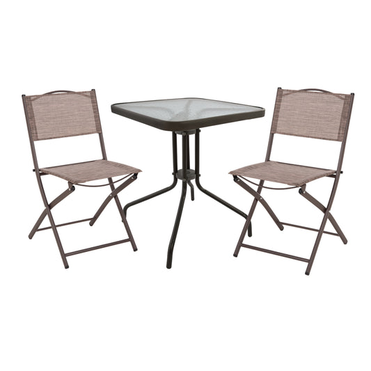 OUTDOOR DINING SET 3PCS FIGO HM21036 METAL TABLE & 2 FOLDABLE CHAIRS-BROWN image 1