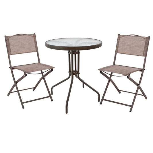 OUTDOOR DINING SET 3PCS LIMA HM21038 METAL ROUND TABLE & 2 FOLDABLE CHAIRS-BROWN image 1