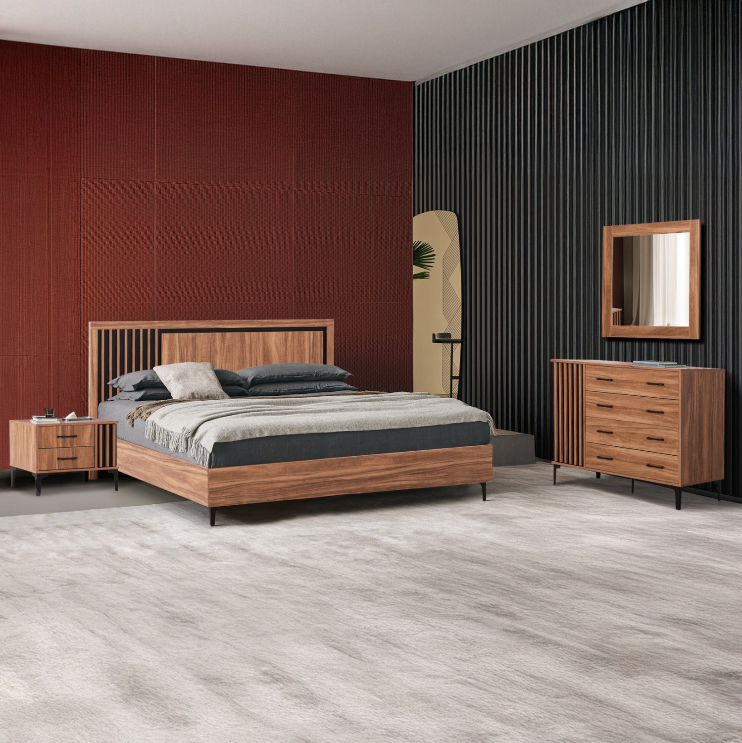 BEDROOM FURNITURE SET 4PCS HARRY HM21115 MELAMINE IN NATURAL WOOD & BLACK image 1