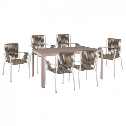 DINING SET 7PCS CAPPUCCINO TABLE 150x90 & WHITE ARMCHAIR WITH ROPE HM11500 image 1
