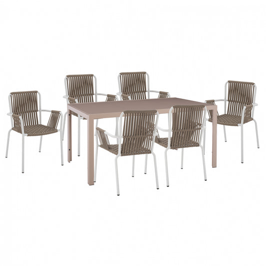 DINING SET 7PCS CAPPUCCINO TABLE 150x90 & WHITE ARMCHAIR WITH ROPE HM11500 image 1