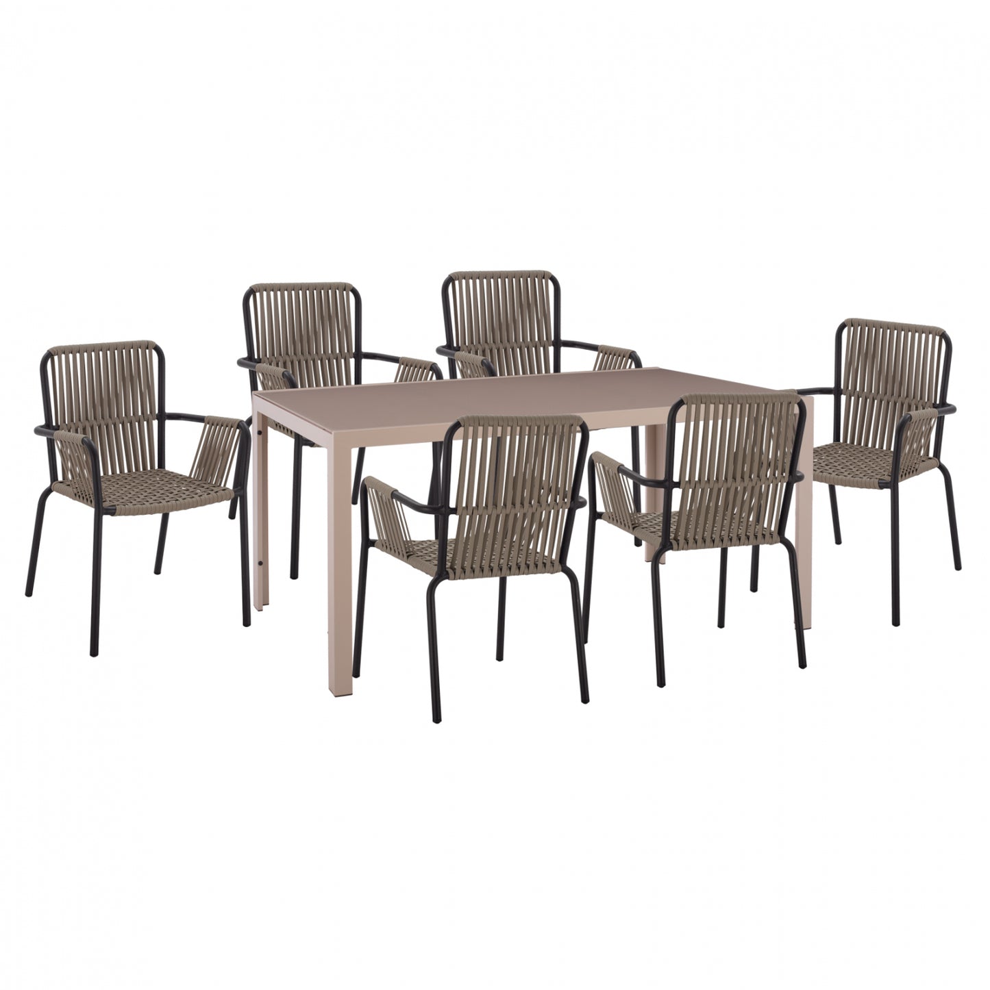 DINING SET 7PCS CAPPUCCINO TABLE 150x90 & CHARCOAL GREY ARMCHAIRS WITH ROPE HM11501 image 1