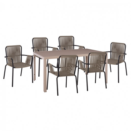 DINING SET 7PCS CAPPUCCINO TABLE 150x90 & CHARCOAL GREY ARMCHAIRS WITH ROPE HM11501 image 1