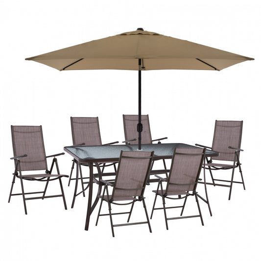 DINING SET 8PCS TABLE WITH MOCHA UMBRELLA & BROWN TEXTILINE ARMCHAIRS HM11490 image 1