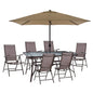 DINING SET 8PCS TABLE WITH MOCHA UMBRELLA & BROWN TEXTILINE ARMCHAIRS HM11490 image 1