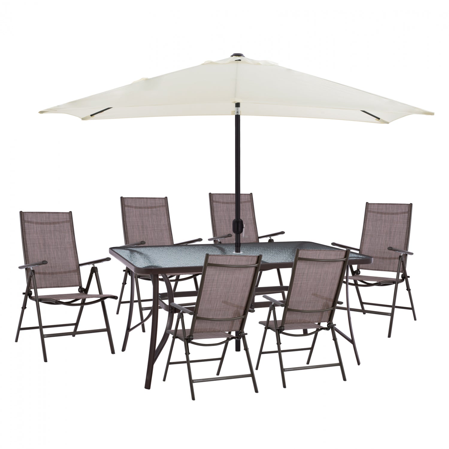 DINING SET 8PCS TABLE WITH BEIGE UMBRELLA & FOLDABLE BROWN ARMCHAIRS HM11491 image 1