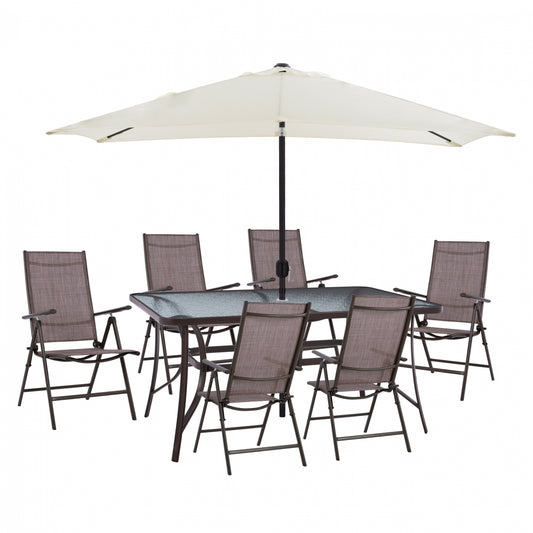 DINING SET 8PCS TABLE WITH BEIGE UMBRELLA & FOLDABLE BROWN ARMCHAIRS HM11491 image 1