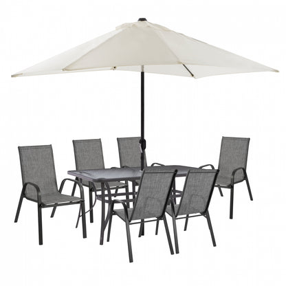 DINING SET 8PCS TABLE WITH GRAY ARMCHAIRS & BEIGE GRAY UMBRELLA HM11474