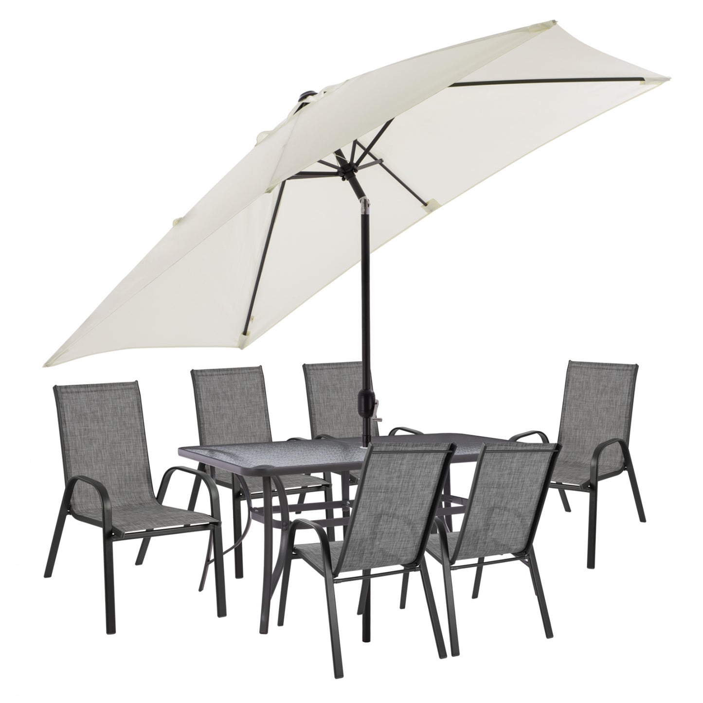 DINING SET 8PCS TABLE WITH GRAY ARMCHAIRS & BEIGE GRAY UMBRELLA HM11474