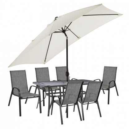 DINING SET 8PCS TABLE WITH GRAY ARMCHAIRS & BEIGE GRAY UMBRELLA HM11474