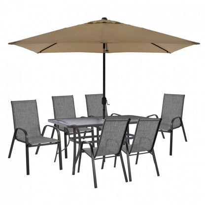 DINING SET 8PCS TABLE WITH GRAY ARMCHAIRS & MOCHA GRAY UMBRELLA HM11473 image 1