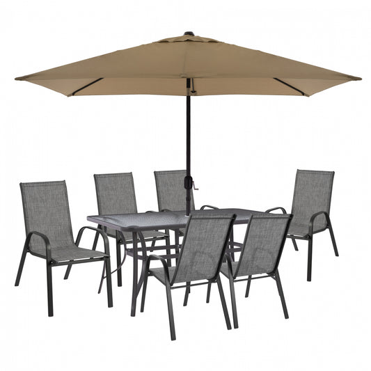 DINING SET 8PCS TABLE WITH GRAY ARMCHAIRS & MOCHA GRAY UMBRELLA HM11473 image 1