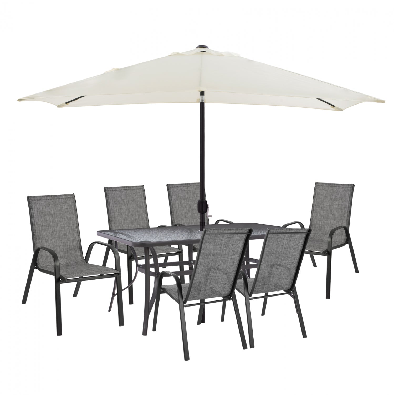 DINING SET 8PCS TABLE WITH GRAY ARMCHAIRS & BEIGE GRAY UMBRELLA HM11474 image 1