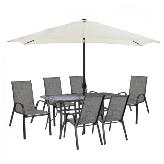 DINING SET 8PCS TABLE WITH GRAY ARMCHAIRS & BEIGE GRAY UMBRELLA HM11474 image 1