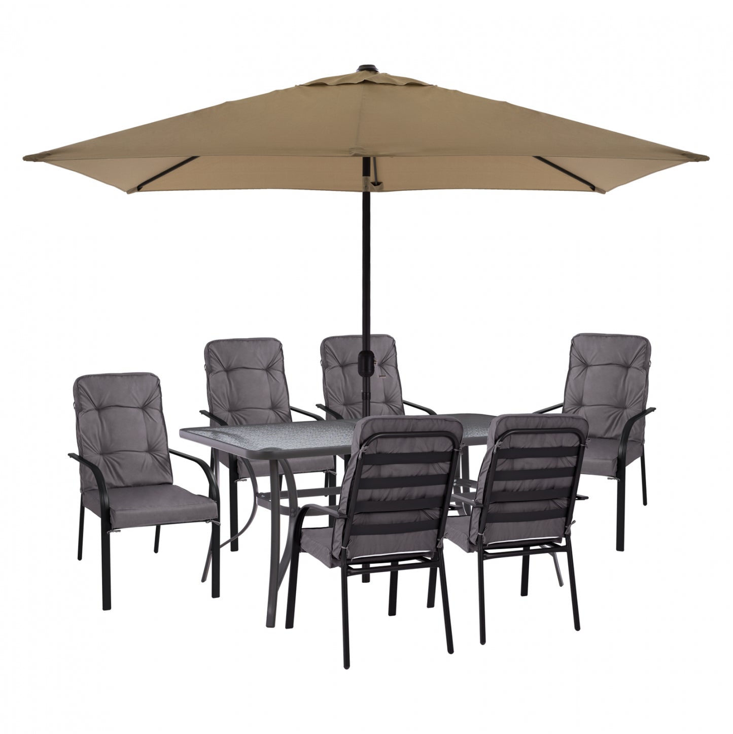 DINING SET 8PCS TABLE, GRAY ARMCHAIRS & MOCHA GRAY UMBRELLA HM11476 image 1