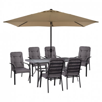 DINING SET 8PCS TABLE, GRAY ARMCHAIRS & MOCHA GRAY UMBRELLA HM11476 image 1