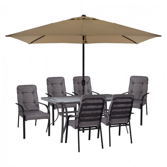 DINING SET 8PCS TABLE, GRAY ARMCHAIRS & MOCHA GRAY UMBRELLA HM11476 image 1