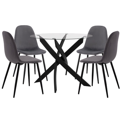 DINING SET 5PCS HM11095.01 TABLE WITH TEMPERED GLASS Φ90X74Hcm & 4 CHAIRS WITH GREY VELVET image 1
