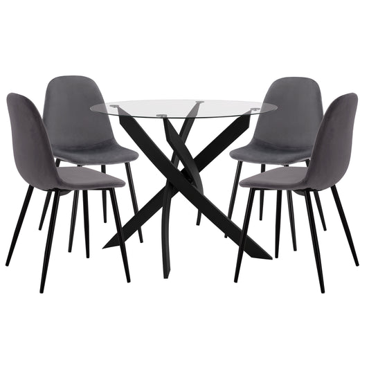 DINING SET 5PCS HM11095.01 TABLE WITH TEMPERED GLASS Φ90X74Hcm & 4 CHAIRS WITH GREY VELVET image 1